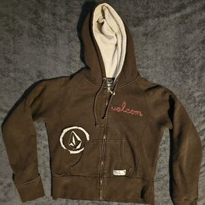 Volcom Dark Brown Hoodie with Red and White Embroidery
